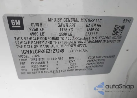 2014 Chevrolet Equinox 2Lt из США, поврежденный, VIN 1GNALCEK9EZ127248